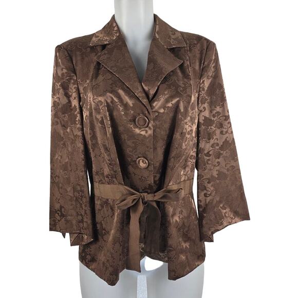 Lane Bryant Tan Filigree Shimmer 3 Button Close Work Belted Blazer 14 NWT - Picture 1 of 6